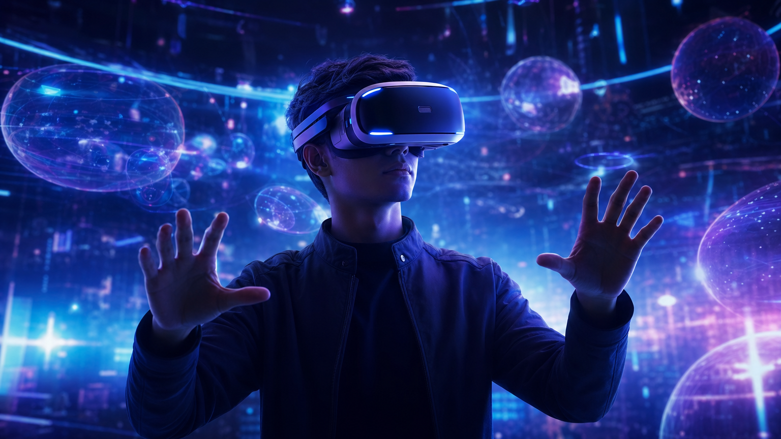 Person wearing VR headset in a virtual world